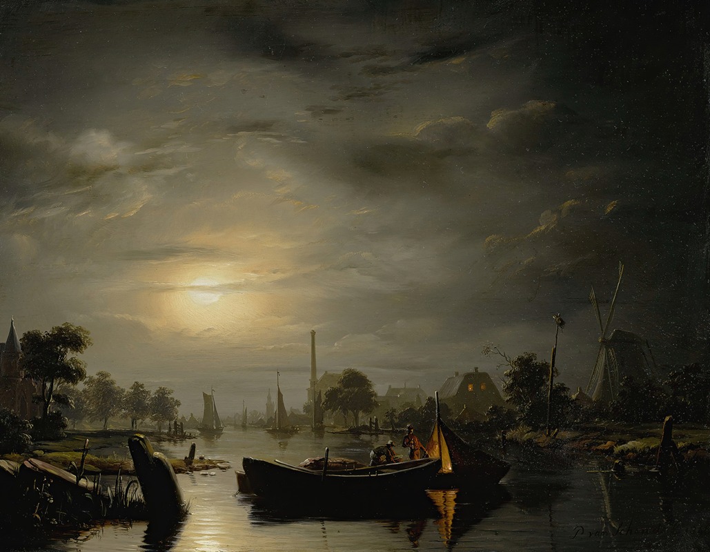 Petrus van Schendel - A River Landscape In Silver Moonlight