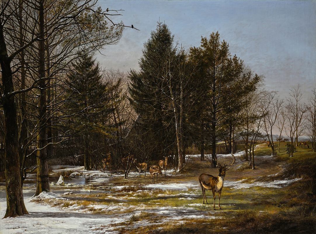 Pieter Gerardus van Os - A Wooded Winter Landscape With Deer