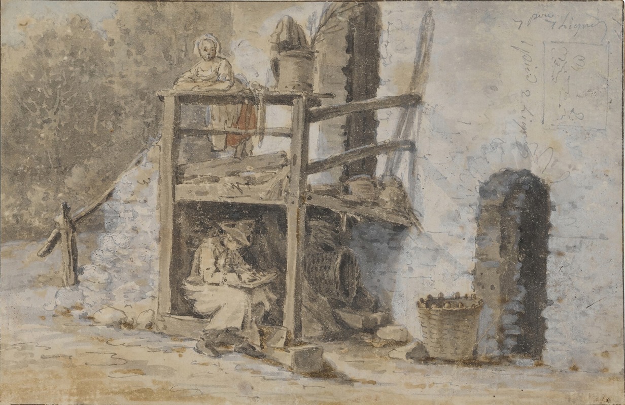 Pierre-Antoine Demachy - An artist sketching under the porch of a rural stone building