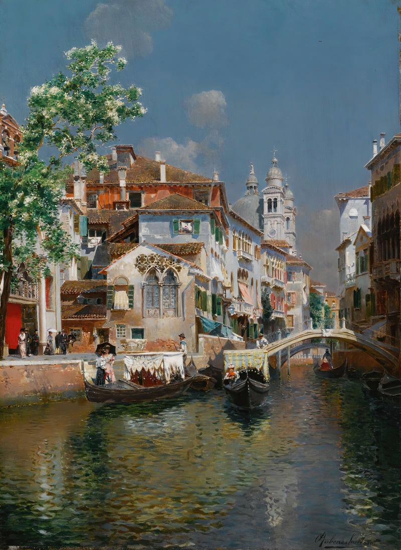 Rubens Santoro - Gondolas On A Venetian Canal, Santa Maria Della Salute In The Distance