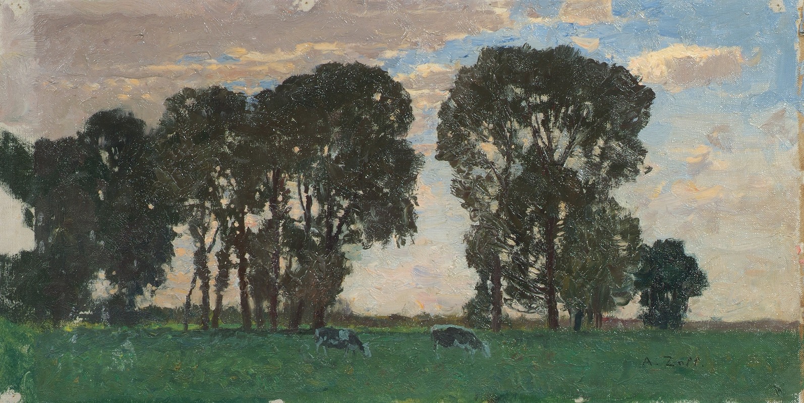 Alfred Zoff - Langenpreising, Viehweide mit großen Bäumen