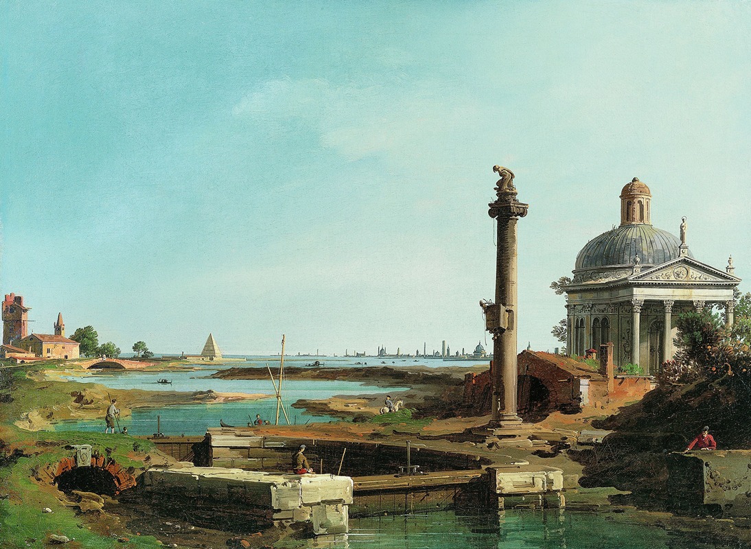Canaletto - A Lock, a Column, and a Church beside a Lagoon