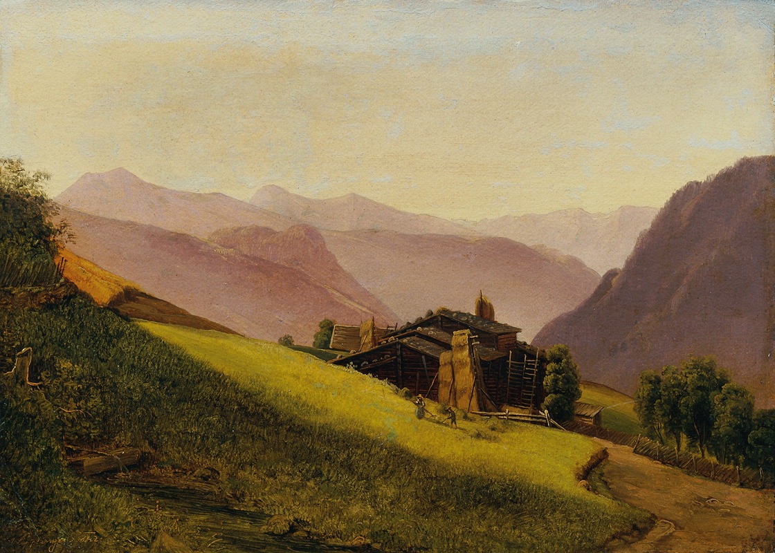 Franz Wipplinger - Gebirgslandschaft mit Almhütten und heuenden Bauern