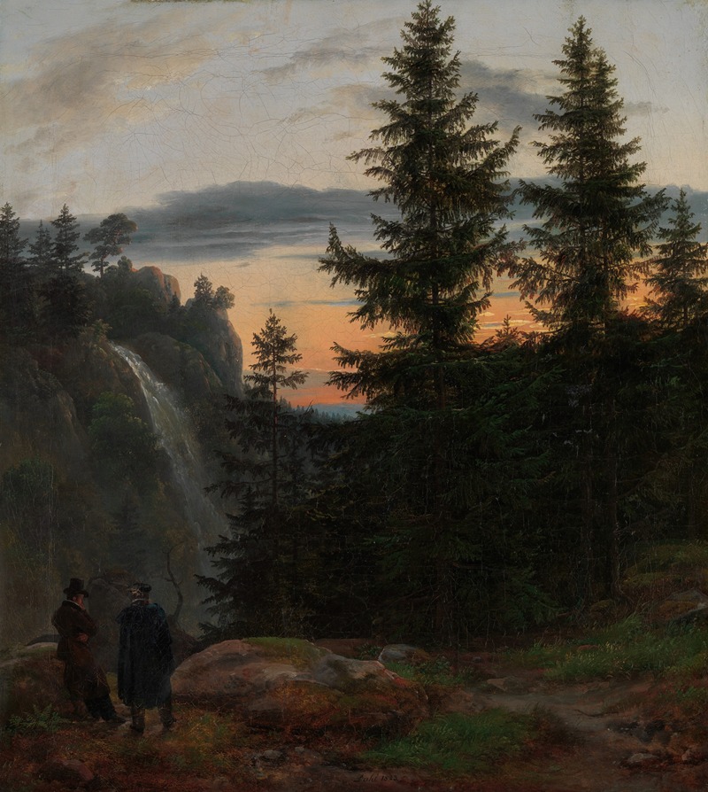 Johan Christian Dahl - Two Men before a Waterfall at Sunset