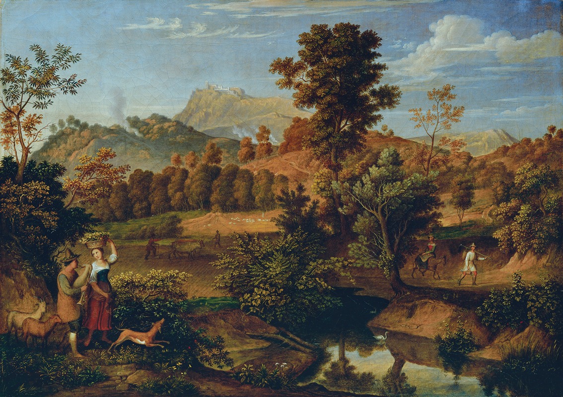 Joseph Anton Koch - Italienische Landschaft mit pflügendem Landmann (Die Serpentara bei Olevano, Landschaft bei Paliano)