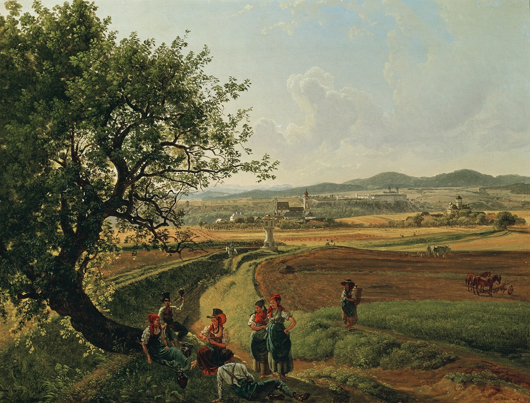 Joseph Rebell - Ansicht der Herrschaften Schloss Emmersdorf und Rothenhof mit Stift Melk im Hintergrund