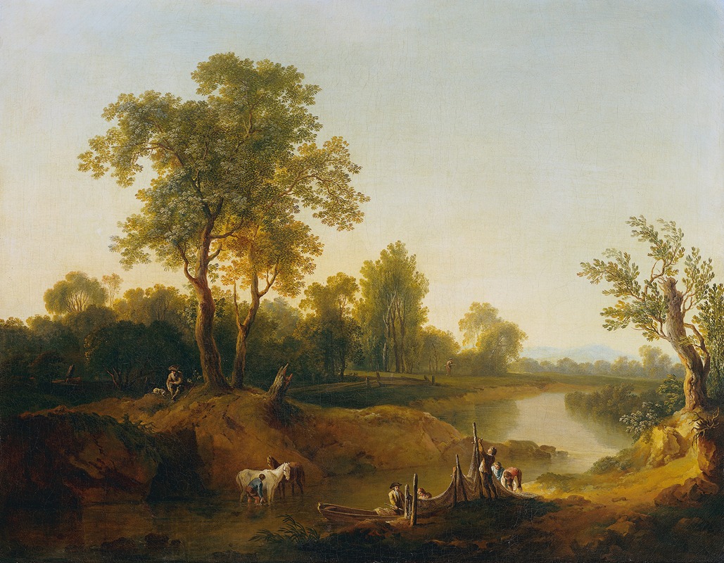 Martin von Molitor - Reiter und Fischer in einer Flusslandschaft