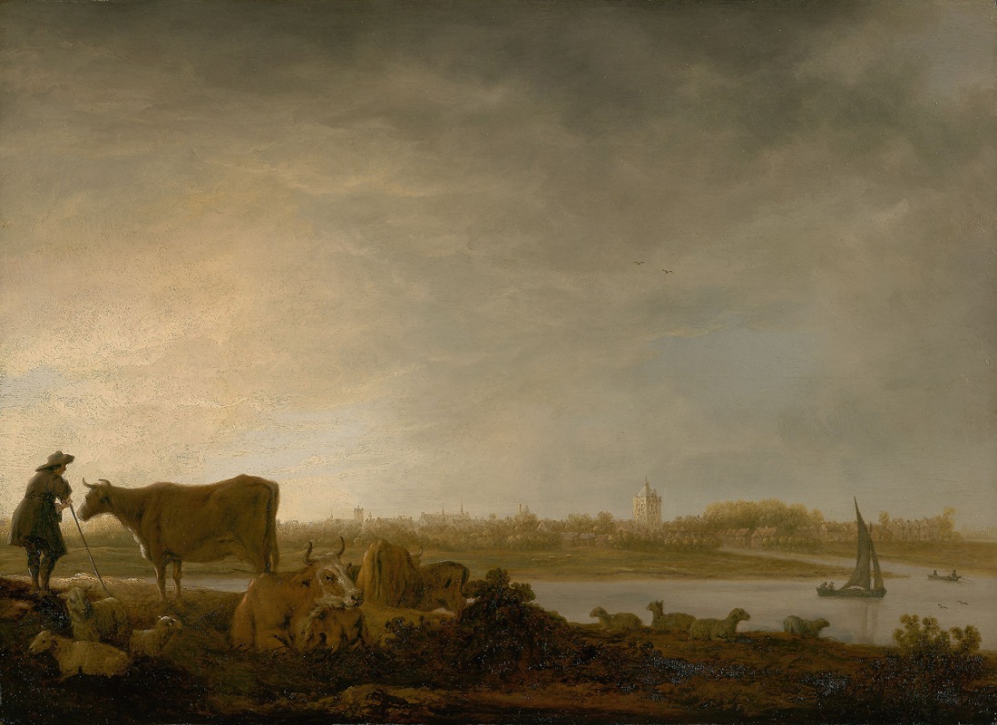 Aelbert Cuyp - A View of Vianen with a Herdsman and Cattle by a River