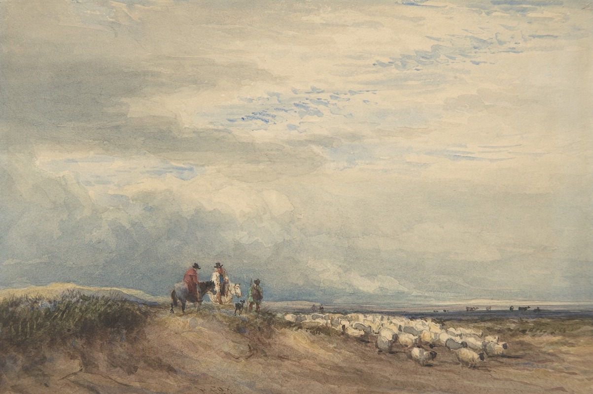 David Cox - Riders with Sheep near an Estuary