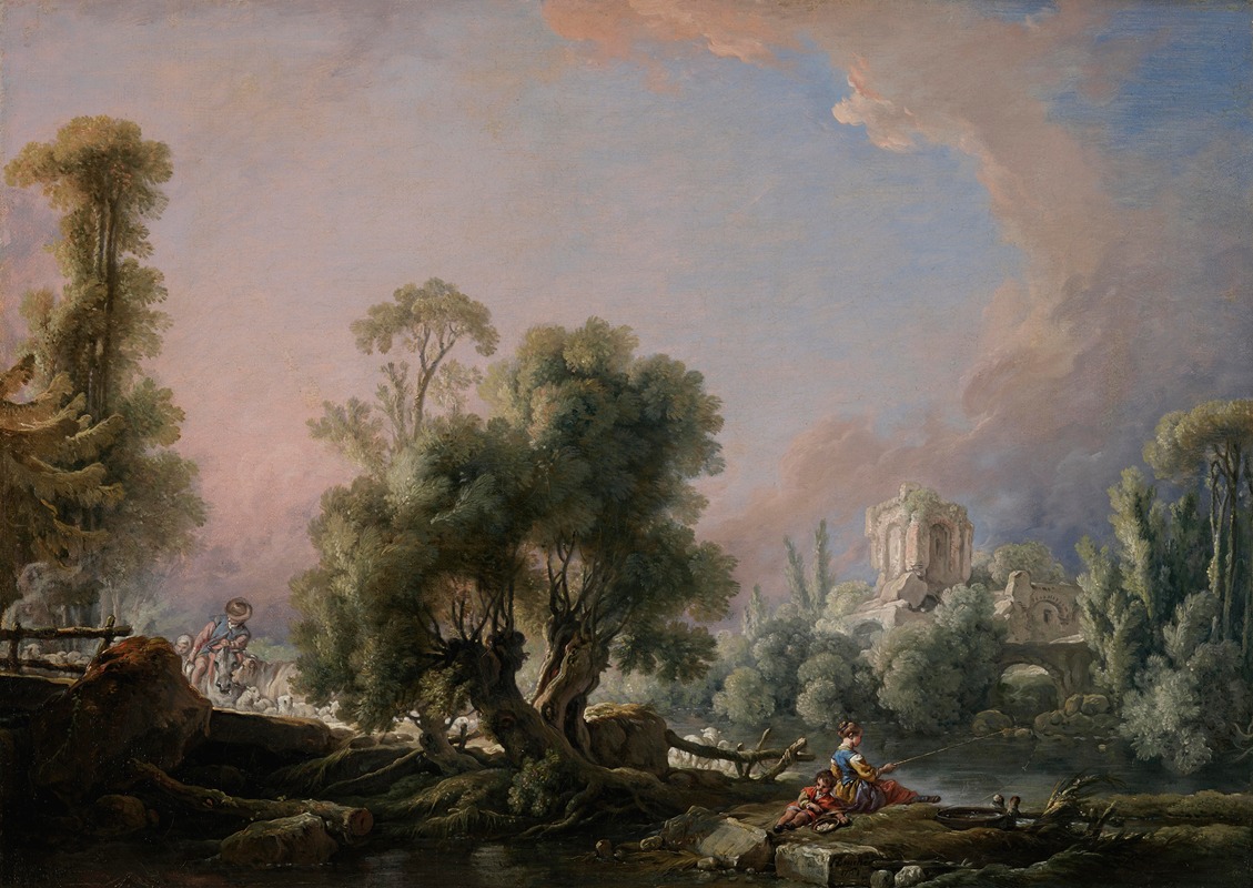François Boucher - Idyllic Landscape with Woman Fishing