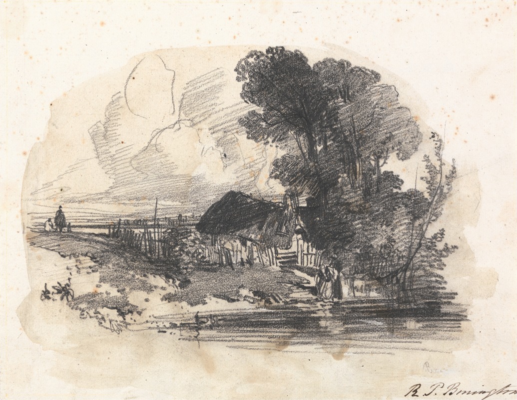 Richard Parkes Bonington - Trees and a Cottage by a River