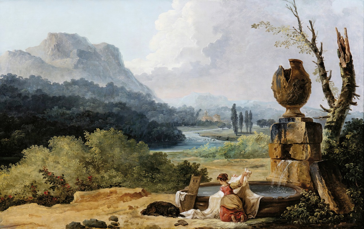 Hubert Robert - Washerwoman In A Landscape