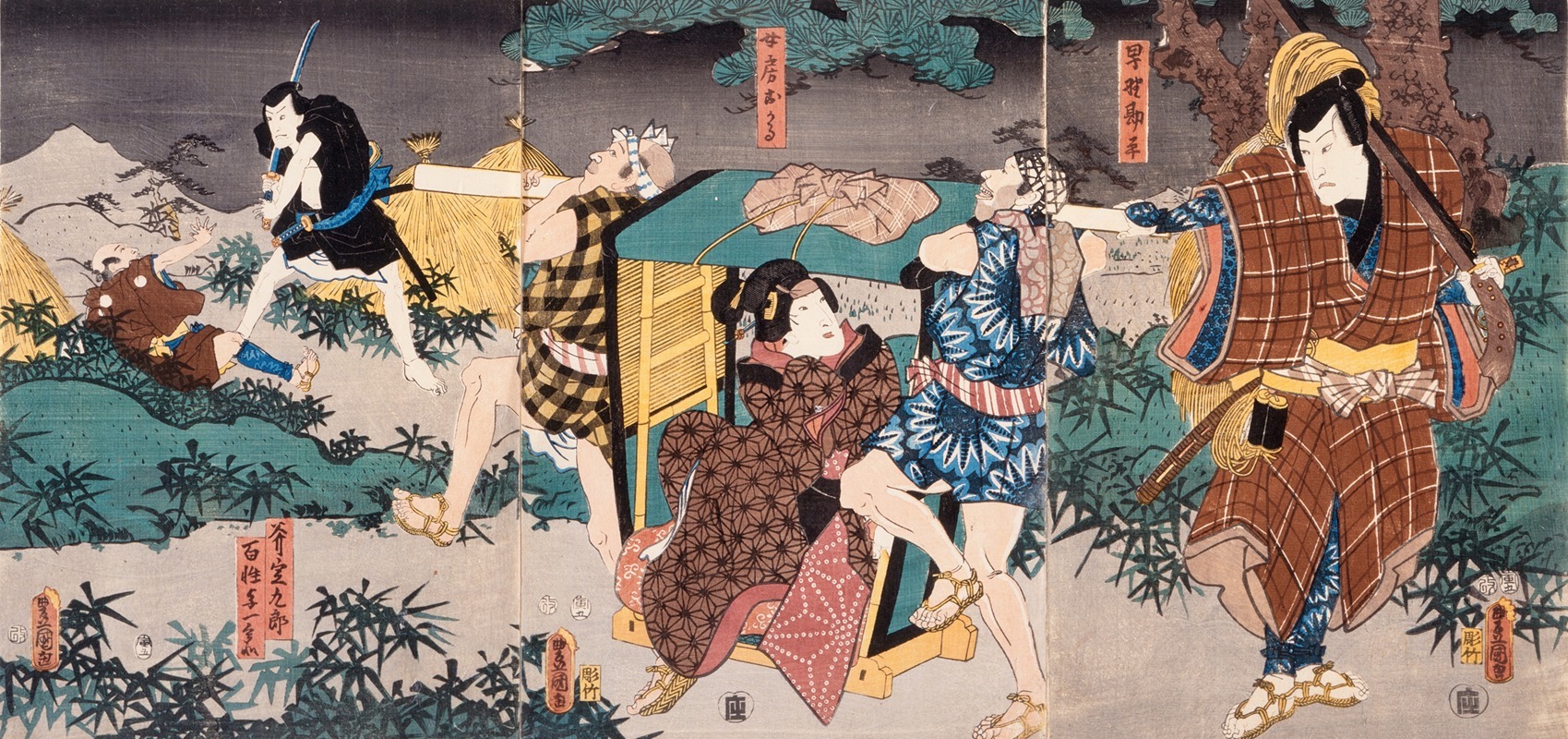 Utagawa Kunisada (Toyokuni III) - Act V of series The Storehouse of Loyal Retainers, a Primer, with the characters Hayano Kanpei (Shigenji), his wife Okaru, Onosada Kurō and Farmer Yoichibei