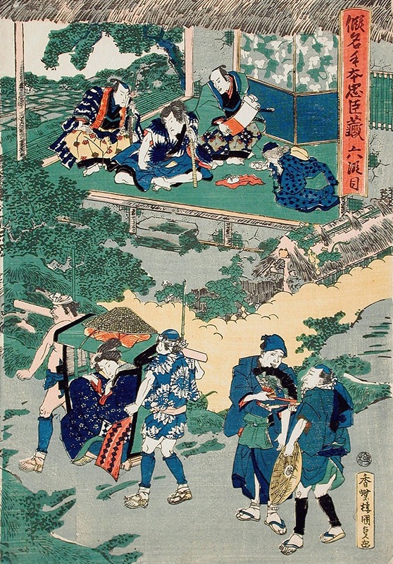 Utagawa Kunisada (Toyokuni III) - Act VI; Kampei Signing the Roll of the Forty-Seven Rōnin; Okaru, after Being Sold, is Taken by Palanquin to Kyoto Brothel