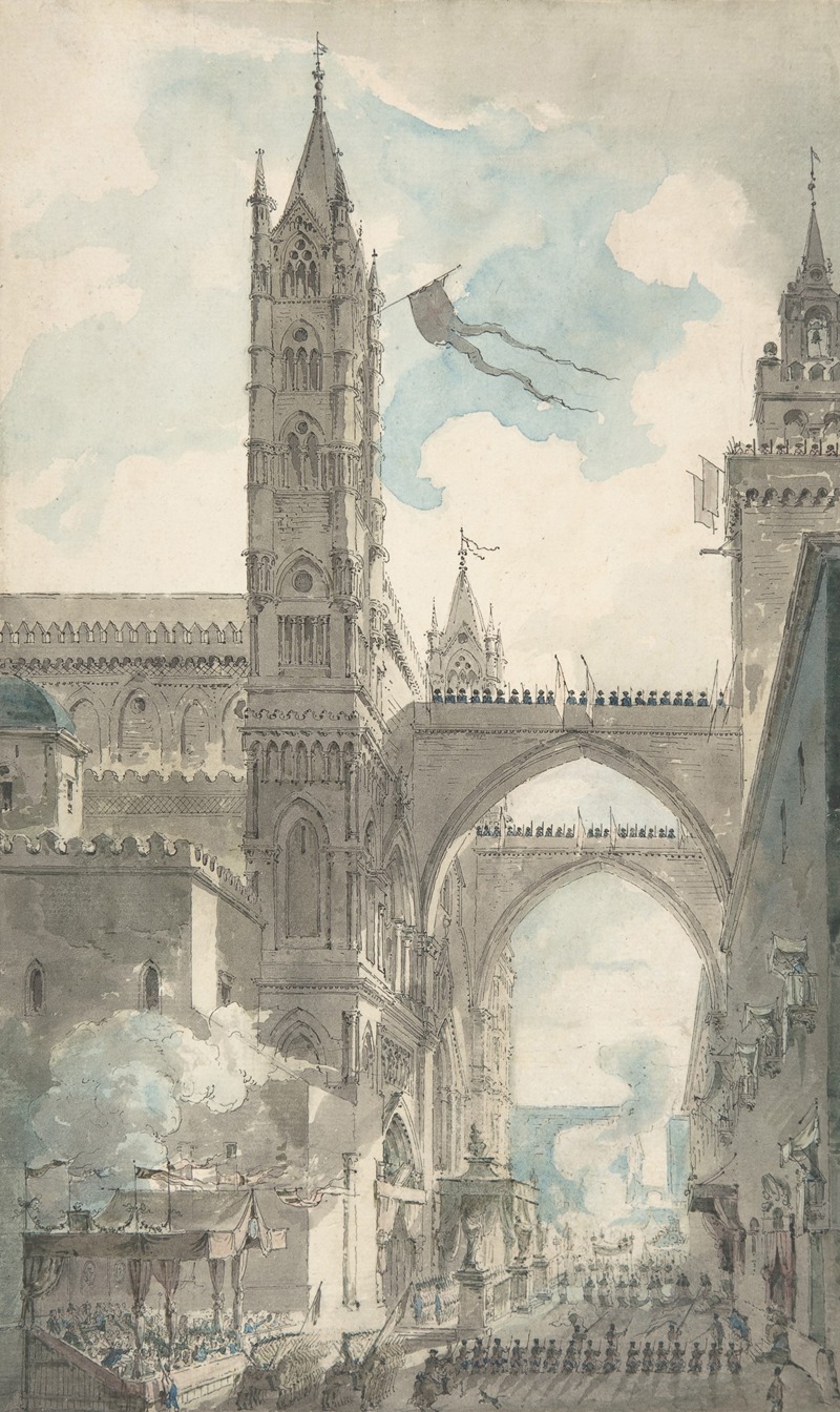 Louis Jean Desprez - View of the Portal and Principal Entrance of the Cathedral of Palermo during the Festival of Sta. Rosalia