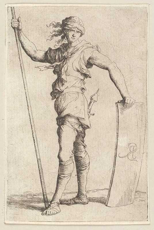 Salvator Rosa - Soldier Holding a Cane and His Shield, Facing Left