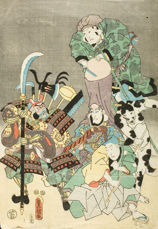 Utagawa Kunisada (Toyokuni III) - Actors as Ebisu, Fukurokuju, Benkei, Fox and Hunter in the Style of Ōtsu-e