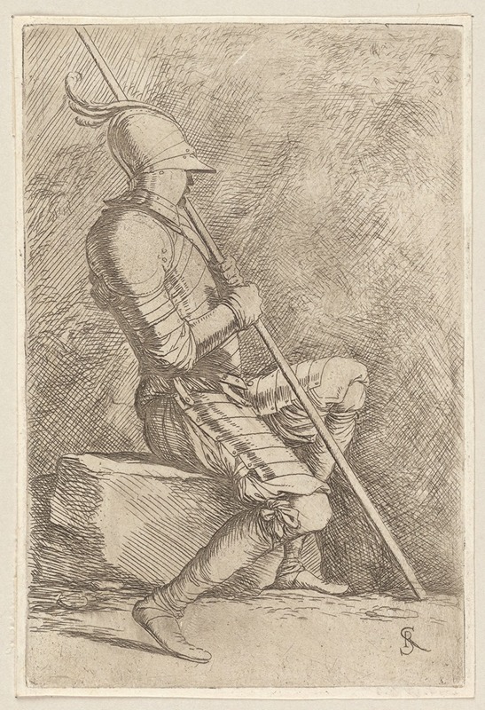 Salvator Rosa - Soldier, Seated, in a Helmet, Holding a Cane