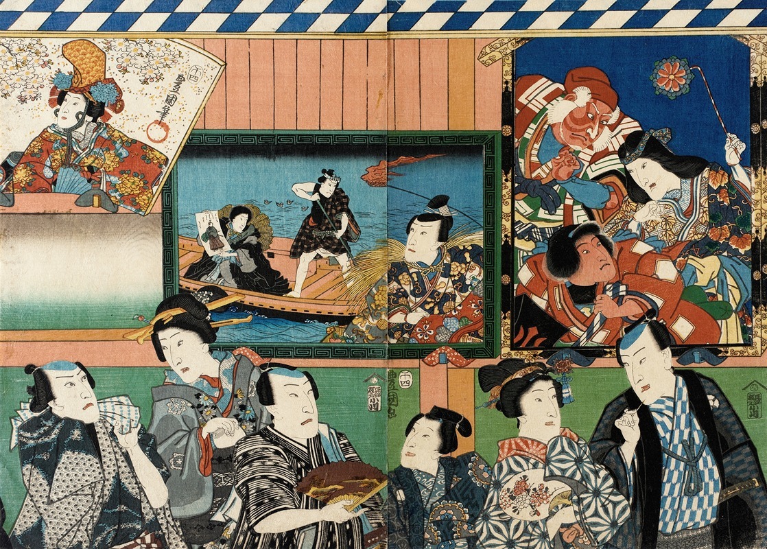 Utagawa Kunisada (Toyokuni III) - Actors Viewing Votive Pictures of Themselves