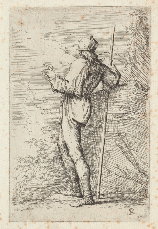 Salvator Rosa - Soldier, Standing, Holding a Long Cane before a Rocky Wall