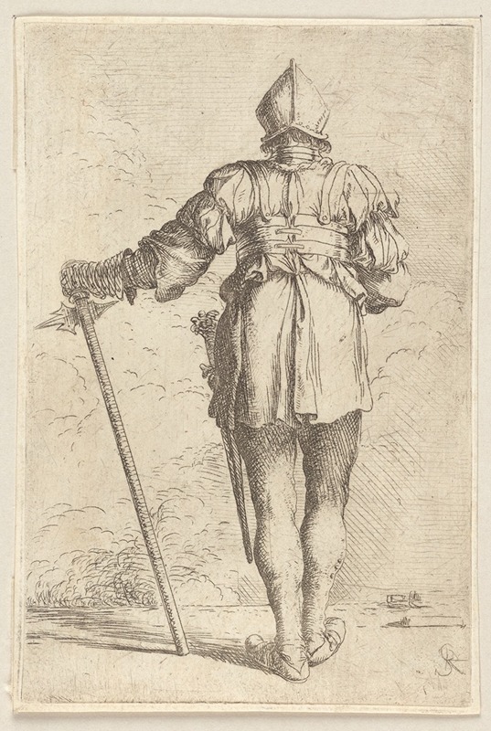 Salvator Rosa - Soldier, Standing, Seen From Behind, in a Helmet, Holding a Cane