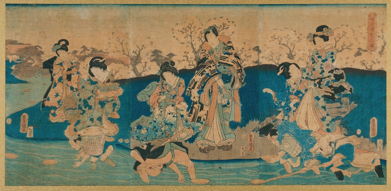 Utagawa Kunisada (Toyokuni III) - Courtesans and a Modern Genji Drinking from Floating Cups