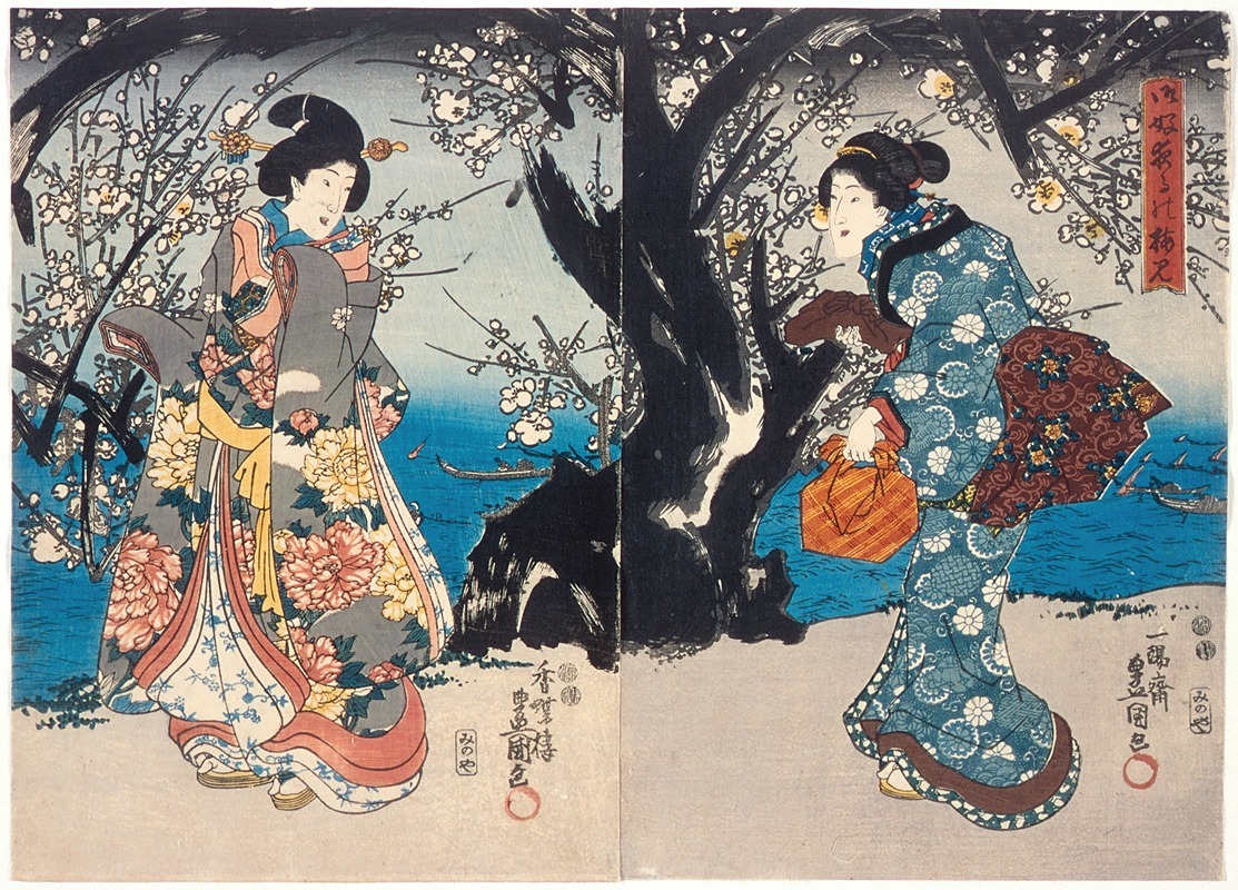 Utagawa Kunisada (Toyokuni III) - Enjoying Plum Blossoms in the Evening