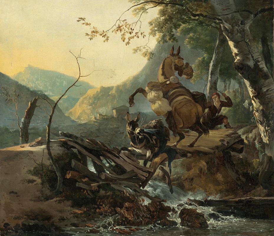 Adam Pynacker - Italianate Landscape With A Donkey And A Rearing Horse Crossing A Collapsing Bridge