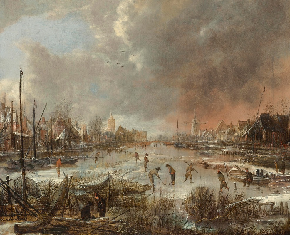 Aert van der Neer - Winter landscape with sportsmen on a frozen river
