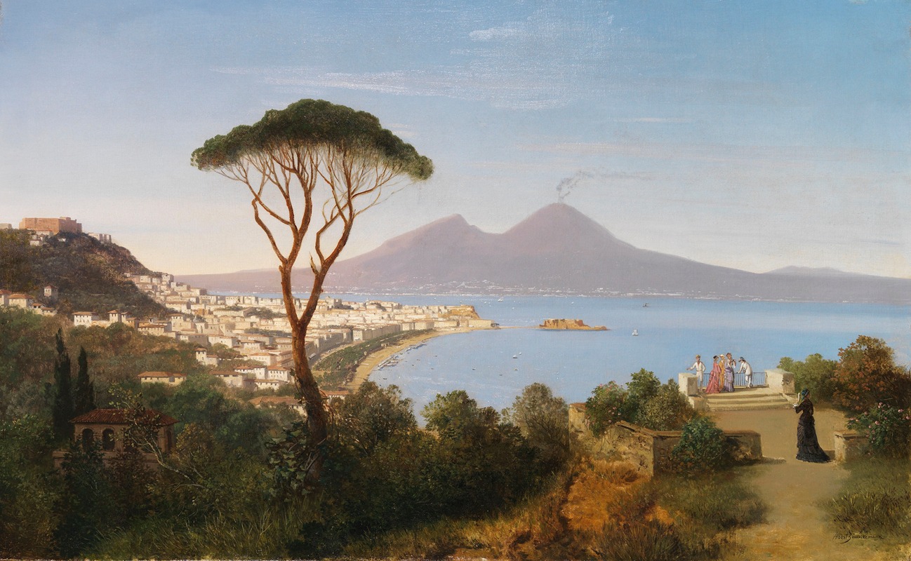 Albert Zimmermann - Blick vom Posillipo auf die weite Bucht von Neapel mit rauchendem Vesuv