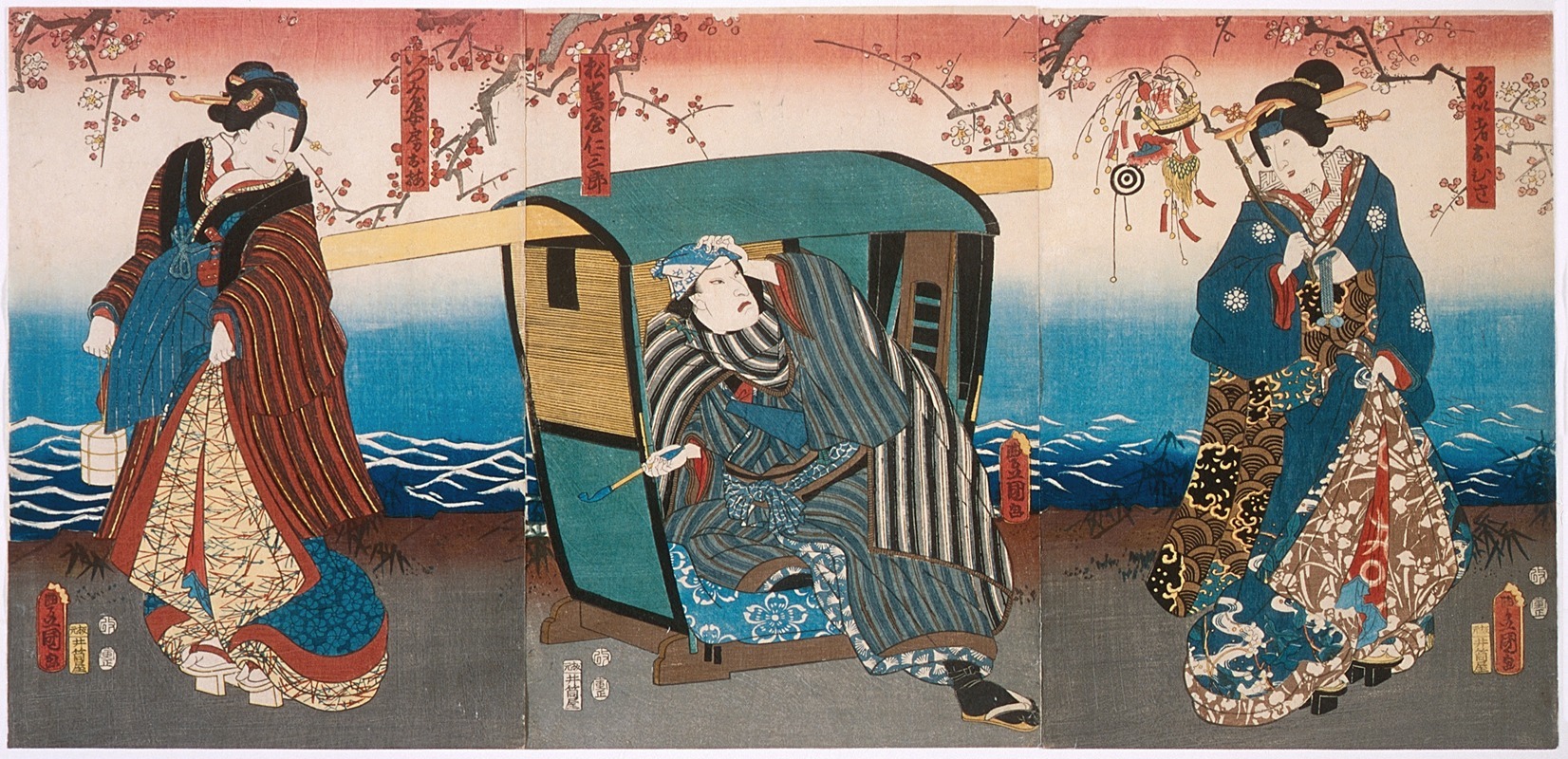 Utagawa Kunisada (Toyokuni III) - Iwai Hanshirō VIII as Geisha Ohisa, Kataoka Gadō II as Matsushiyama Jinzaburō, and Onoe Kikujirō II as Izumiya’s wife Oume in the Play Matsuichō tsurukame Soga
