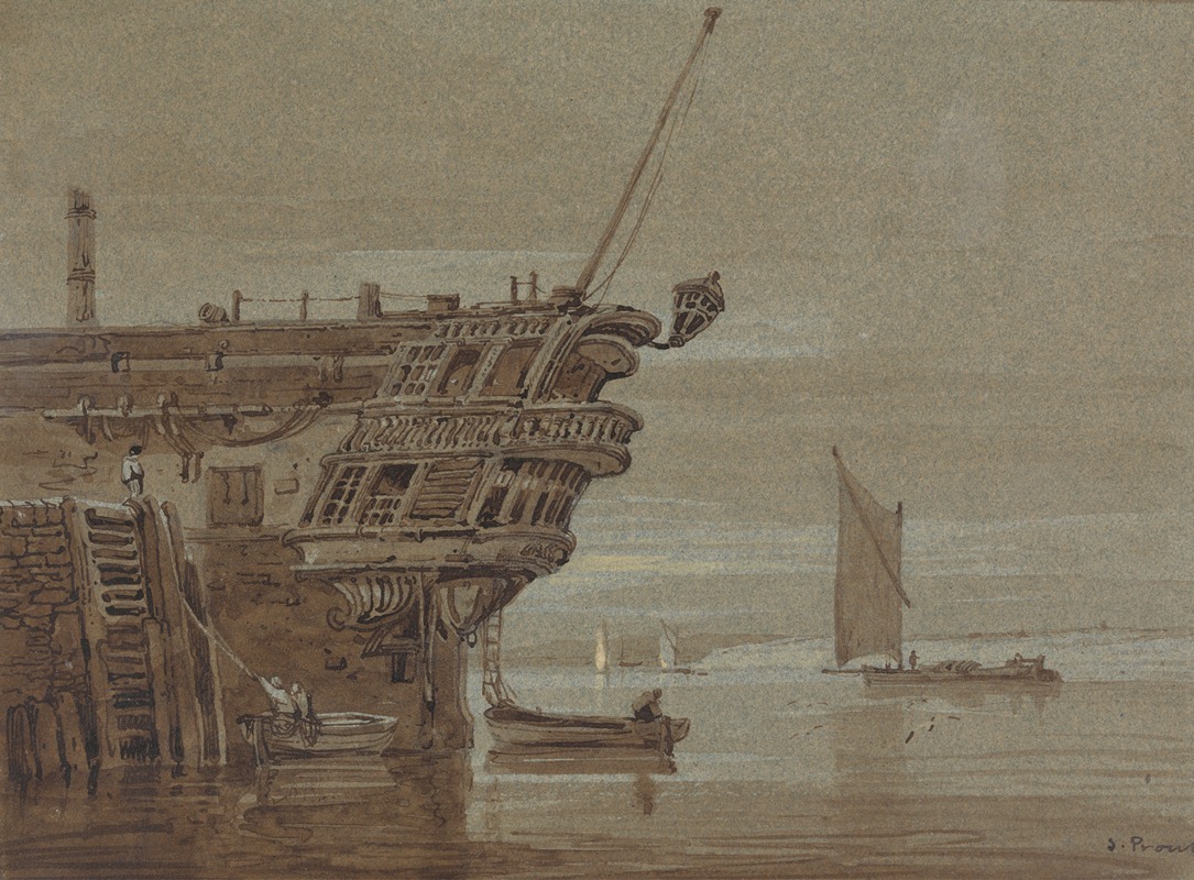 Samuel Prout - An East Indiaman Moored, Small Boats Alongside, Other Boats Further Off