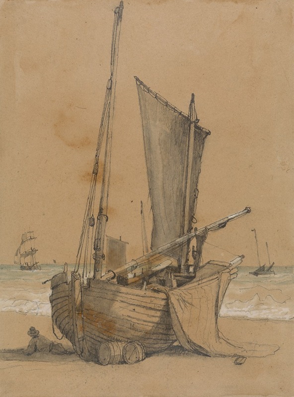 Samuel Prout - Fishing Boat on the Beach with a Brig at Sea