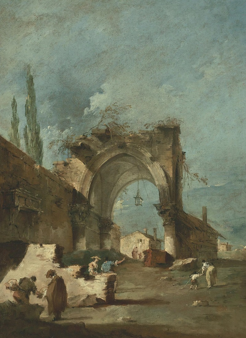 Francesco Guardi - A Capriccio Of Buildings With Figures By A Ruined Arch