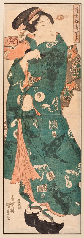 Utagawa Kunisada (Toyokuni III) - Standing Beauty with Butterfly Pattern Kimono