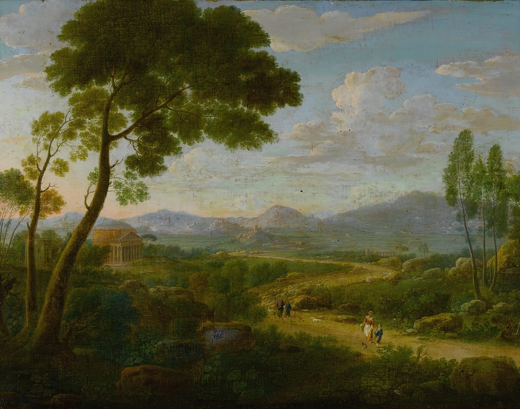 Hendrik Frans Van Lint - Extensive Landscape With Travelers On A Road, Roman Temples Beyond