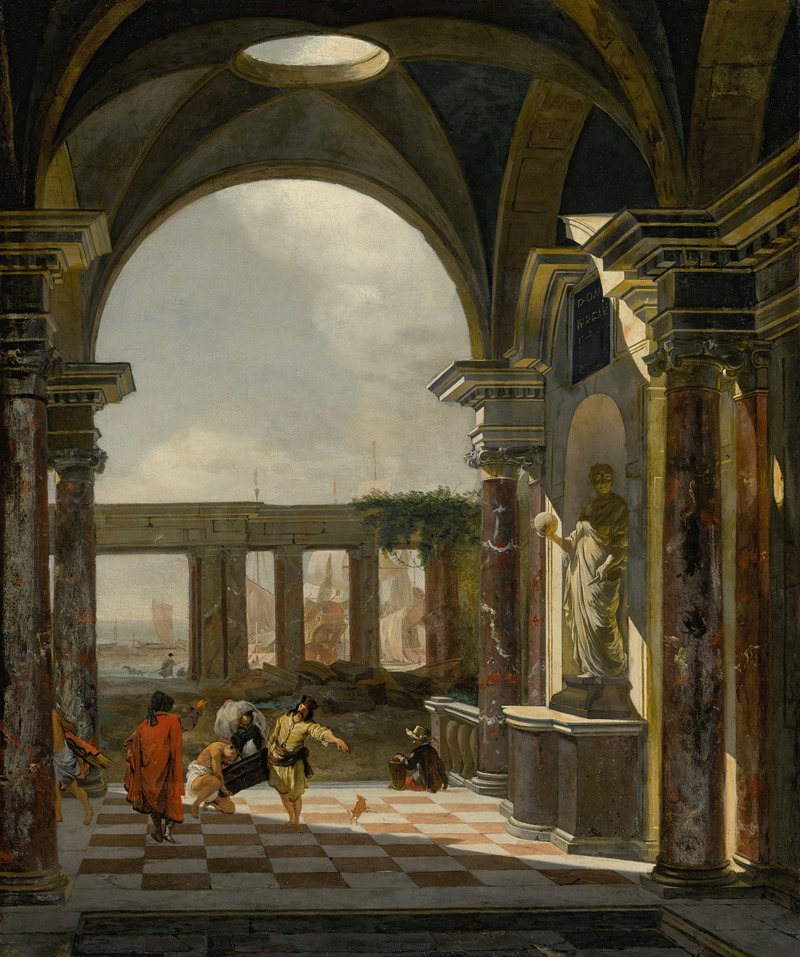 Jan Baptist Weenix - Architectural interior with foreign shippers, ruins and a shipyard beyond