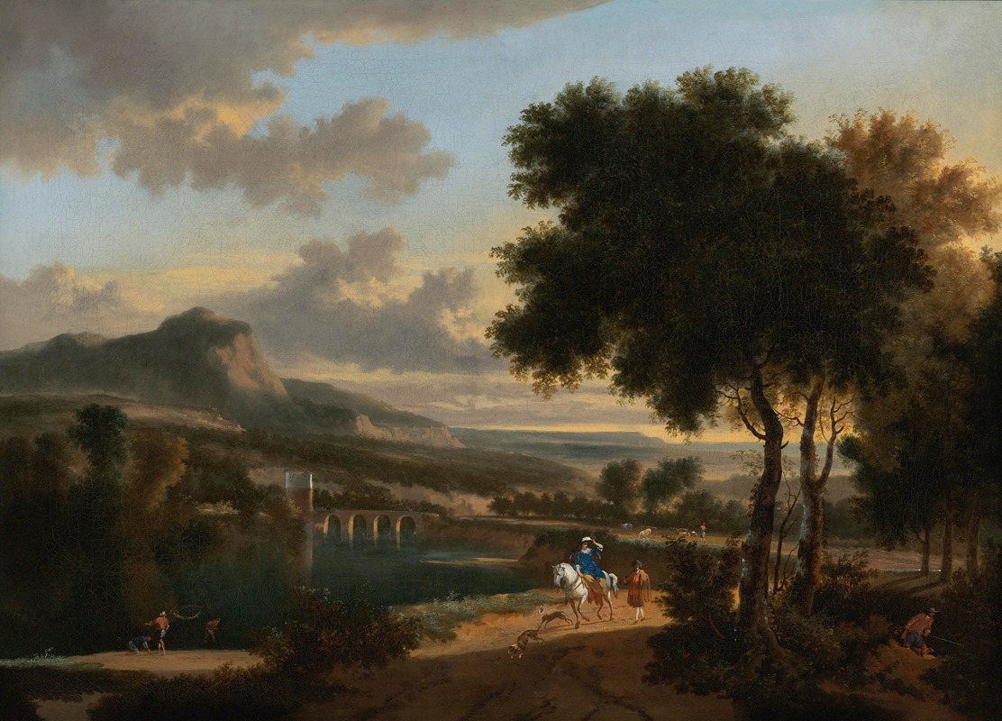 Jan Hackaert - An Extensive Landscape With Travellers, Fishermen And Cattle Drovers On A Path With A Roman Bridge Beyond