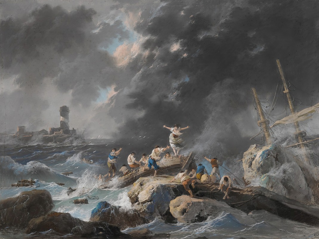 Jean-Baptiste Pillement - A shipwreck on a coast during a storm, a lighthouse beyond