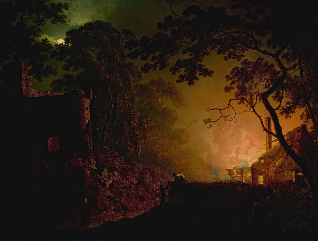 Joseph Wright of Derby - A cottage on fire at night