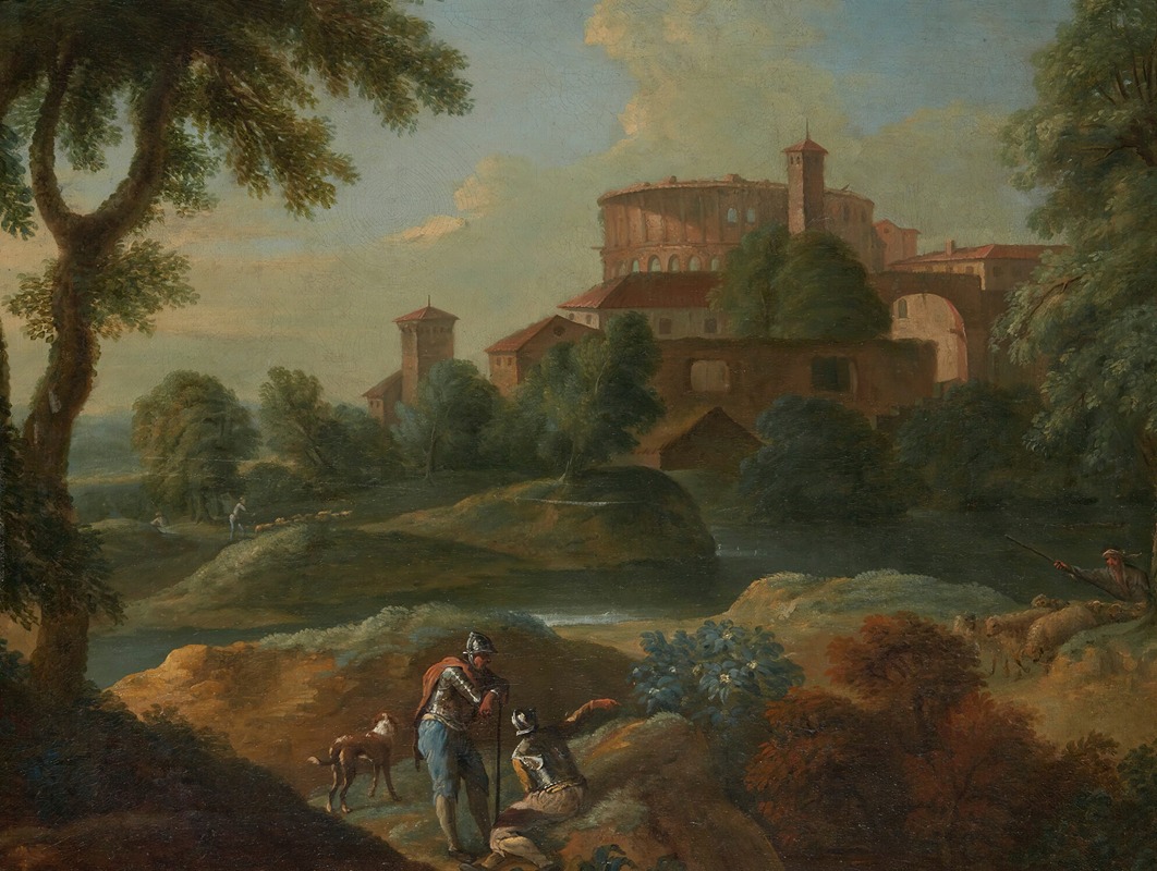 Marcantonio Sardi - Landscape With Soldiers And Dogs Near A River, A Town In The Distance