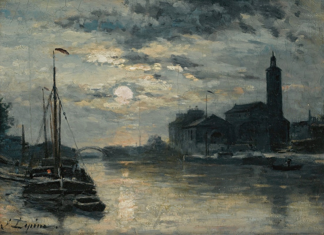 Stanislas Lépine - Le Canal De L’ourcq, L’église Saint-Christophe, Vue Du Quai De La Marne. Effet De Lune