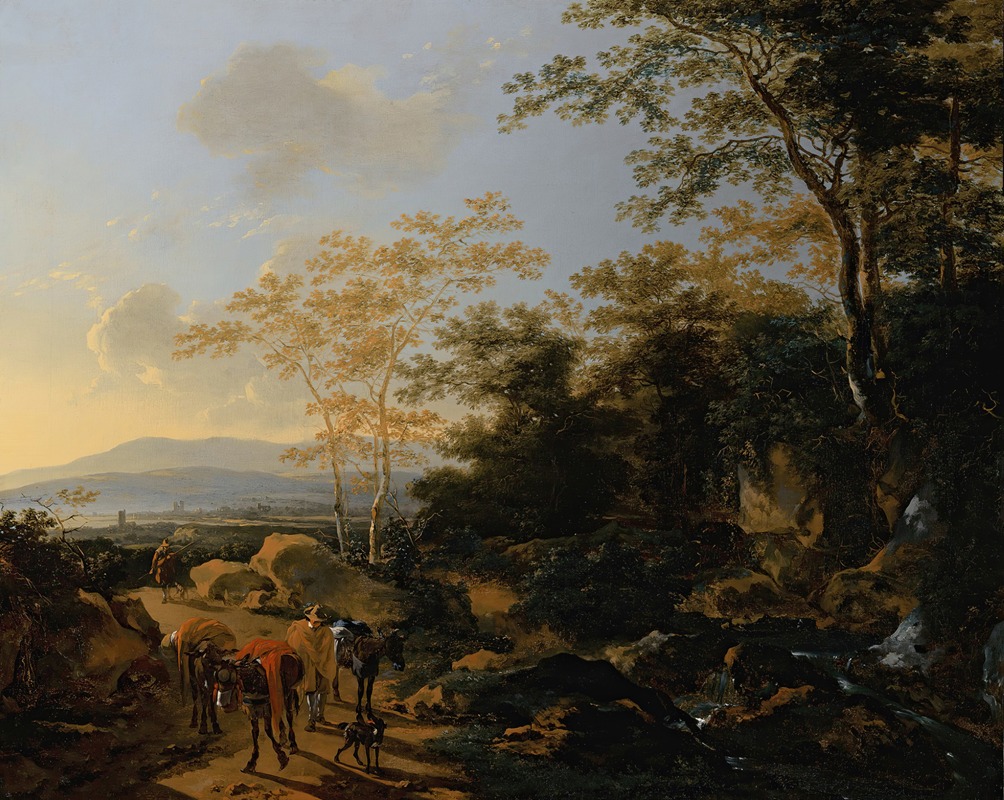 Willem de Heusch - An Italianate landscape with travelers and mules by a waterfall