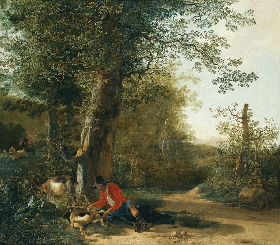 Adam Pynacker - A Peasant Playing With His Dog While Resting At The Margin Of A Wood