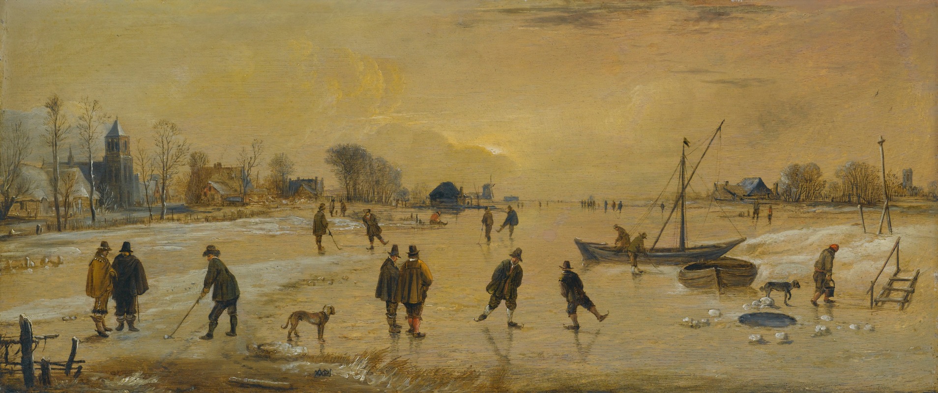 Aert van der Neer - A Winter Landscape With Skaters And Kolf Players, A Village To The Left