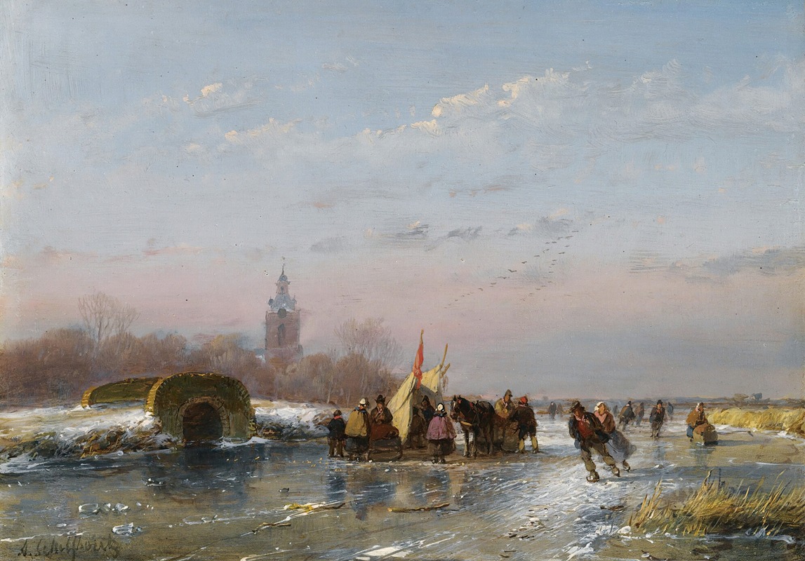 Andreas Schelfhout - A Frozen Waterway With Skaters By A Refreshment Stall