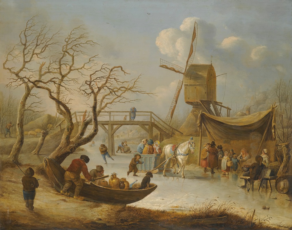 Andries Vermeulen - A Winter Landscape With Skating Figures And A Horse-Drawn Sleigh Near A Wind Mill