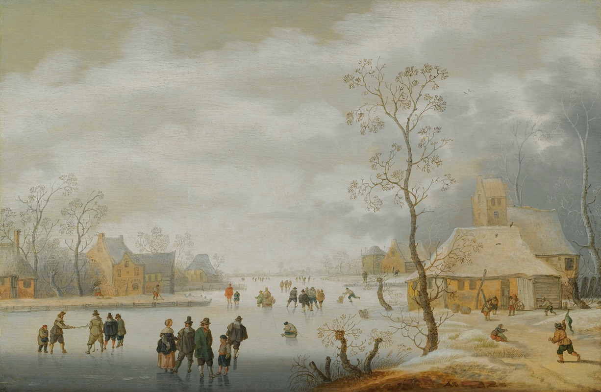 Anthonie Verstraelen - A Winter Landscape With Figures Skating On A Frozen River Beside A Village