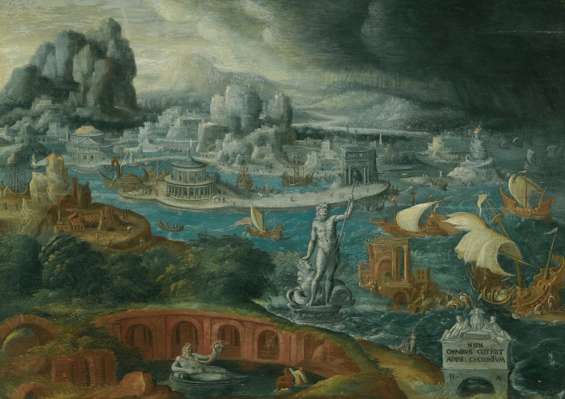 Circle of Maarten van Heemskerck - Classical Landscape With Ships Running Before A Storm Towards A Classical Harbour