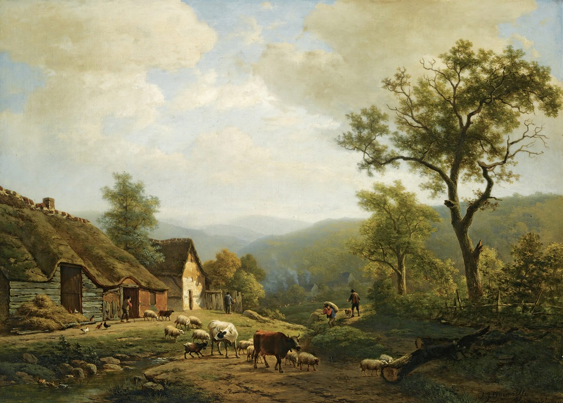 Eugène Joseph Verboeckhoven - A Hilly Landscape With Cattle Going To The Fields